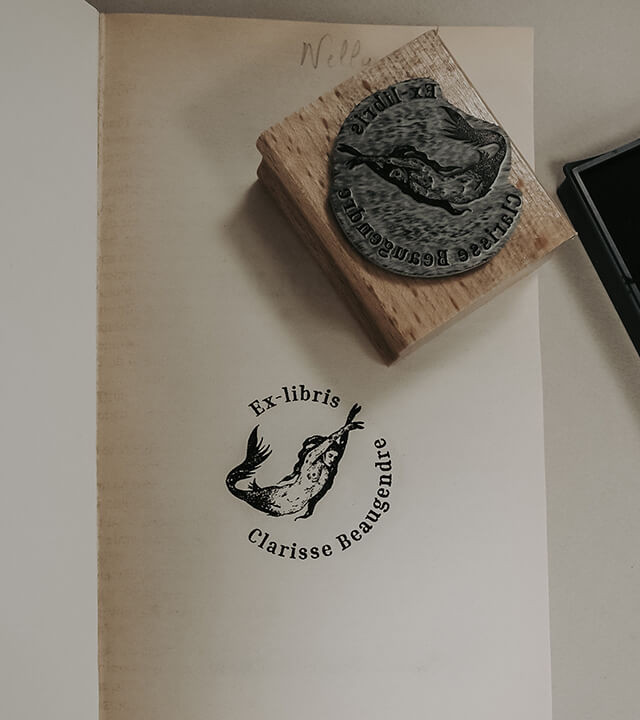 Tampon Bois ex-libris modèle "Sirène"  exemple livré tamponné