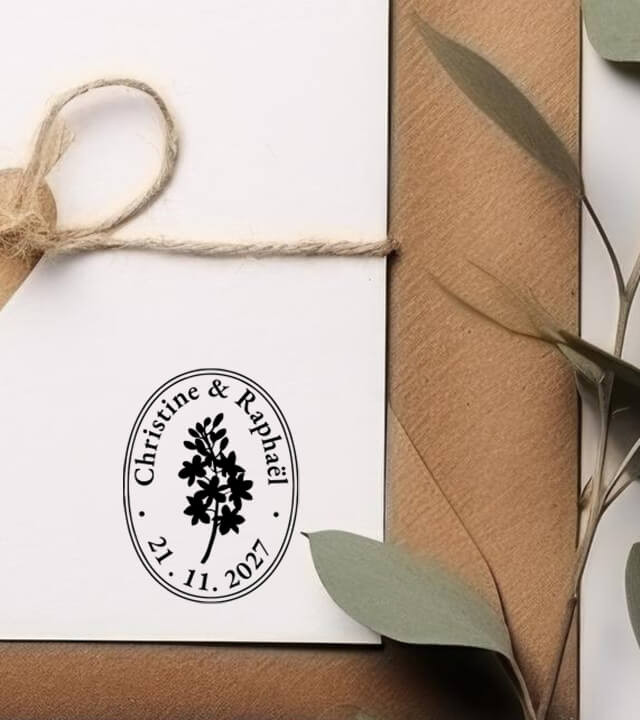 Tampon Mariage personnalisé avec vos prénoms et la date.