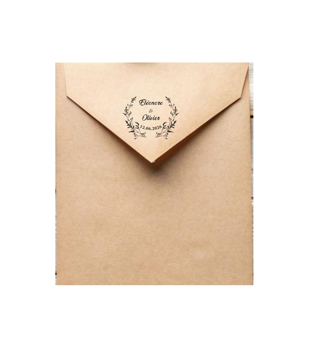 Tampon Mariage personnalisé avec vos prénoms et la date du mariage.