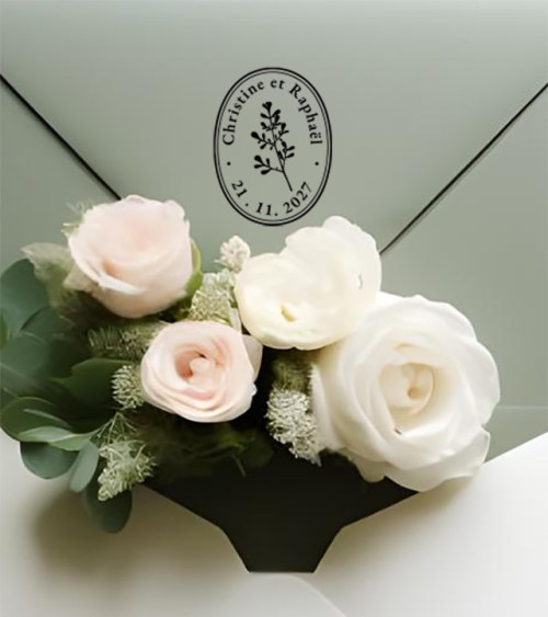 Tampon Mariage personnalisé avec vos prénoms et la date du mariage.