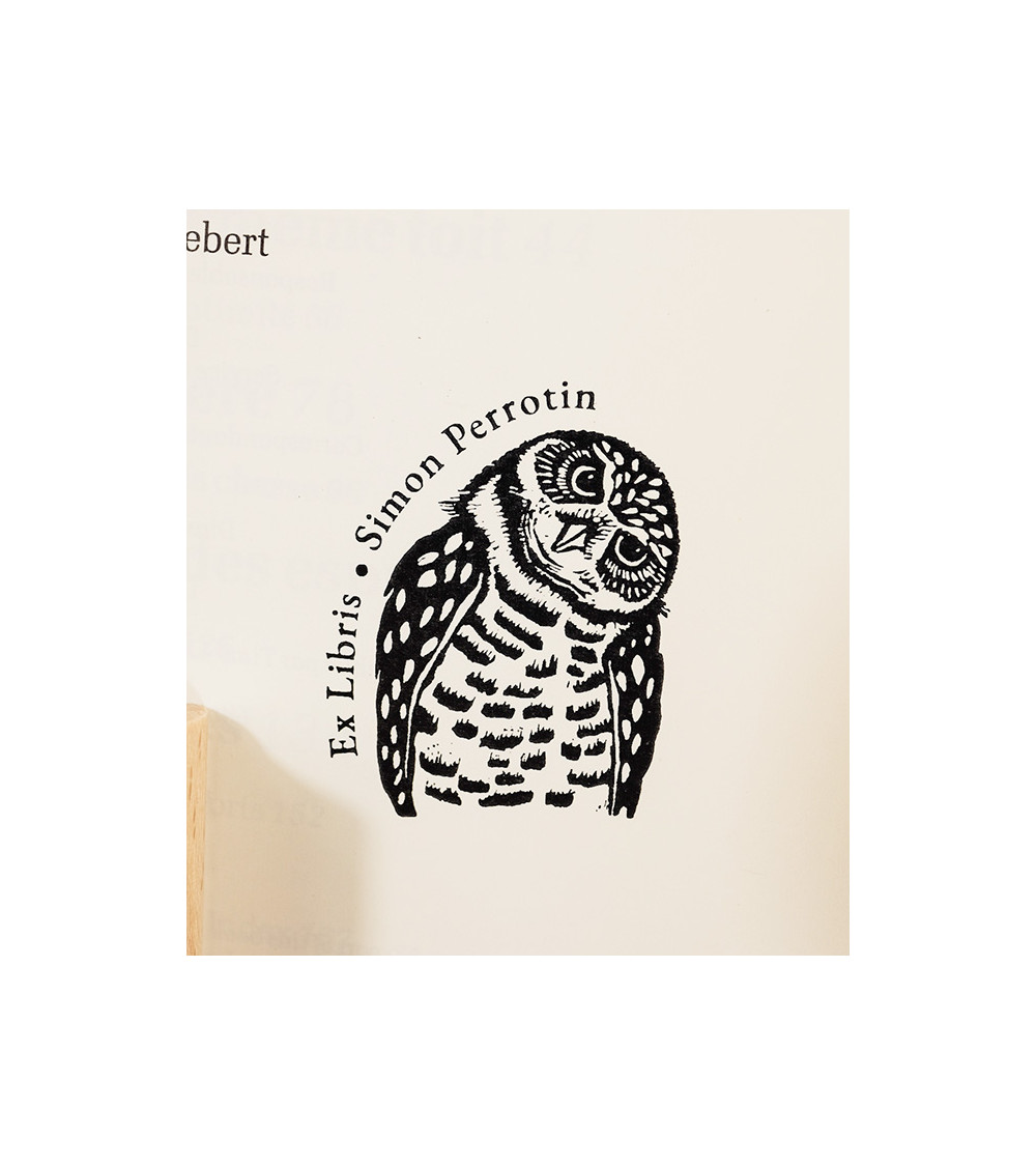 Tampon en Bois Ex-libris "Hibou Plume"