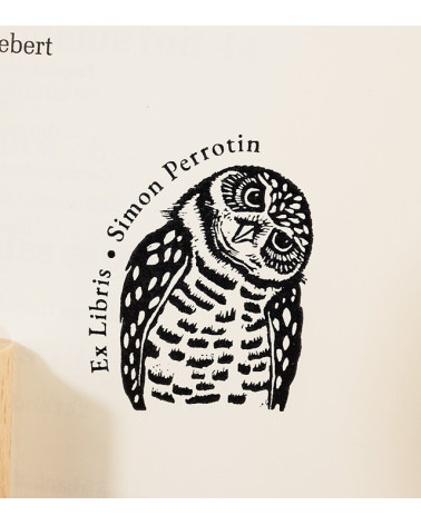 Tampon en Bois Ex-libris "Hibou Plume"