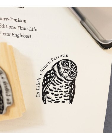 Tampon en Bois Ex-libris "Hibou Plume"