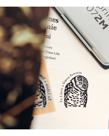 Tampon en Bois Ex-libris "Hibou Plume"